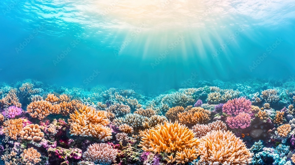 Naklejka premium Stunning Underwater Scene with Colorful Coral Garden, Deep underwater scenes inspire wonder concept.