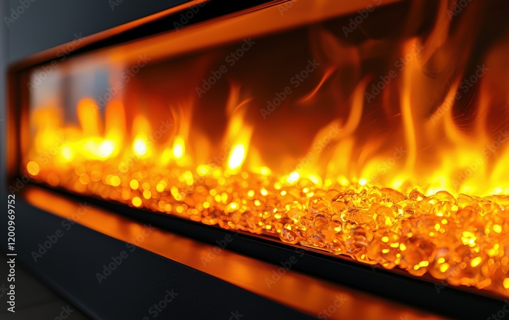 Fototapeta premium A modern electric fireplace with glowing orange flames and a sleek black frame, captured up close