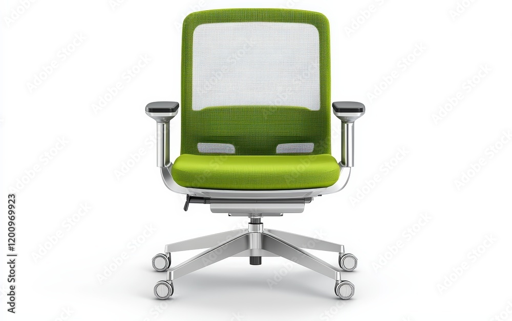 A modern green office chair with a mesh back and chrome accents, perfectly centered on a bright white background A modern green office chair with a mesh back and chrome accents, perfectly centered on a bright white background