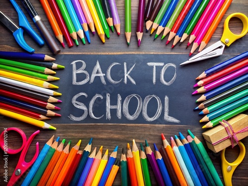Back to School: Macro Shot of Pencils, Markers & Scissors on Blackboard