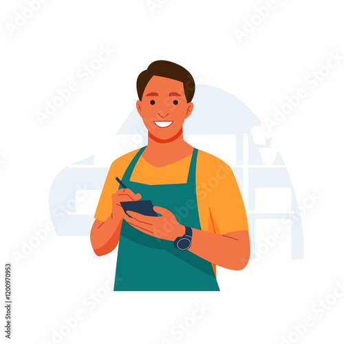 Vector of waitress man in restaurant or eatery write orders from costumer