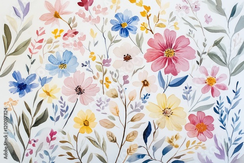 A hand-painted watercolor bouquet illustration with soft pink, blue, and yellow flowers and leafy branches.