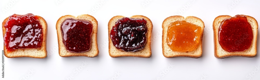 Four slices of toast with different fruit jams.