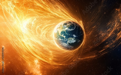 A close-up view of Earth with swirling magnetic field lines, representing a powerful solar storm