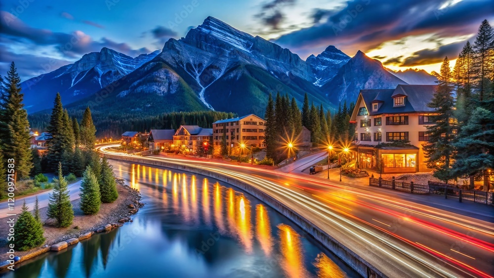 Obraz premium Banff Downtown Night Lights Long Exposure Photography