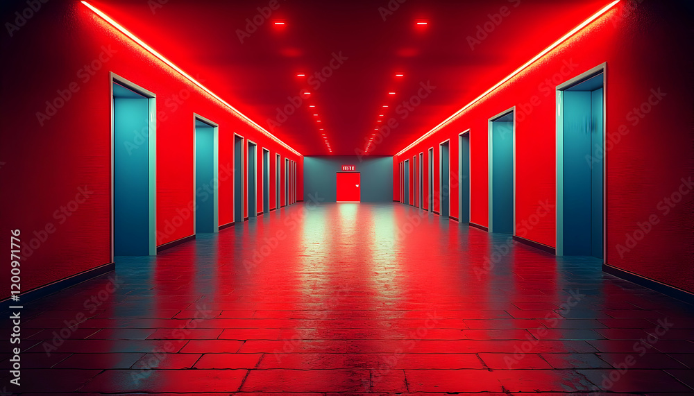 Red Neon Hallway Doors Escape
