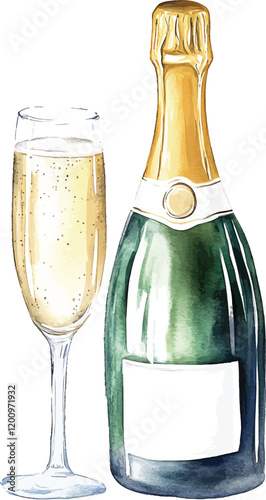 Hand drawn watercolor vector illustrator champagne bottle and glass isolated on white background.