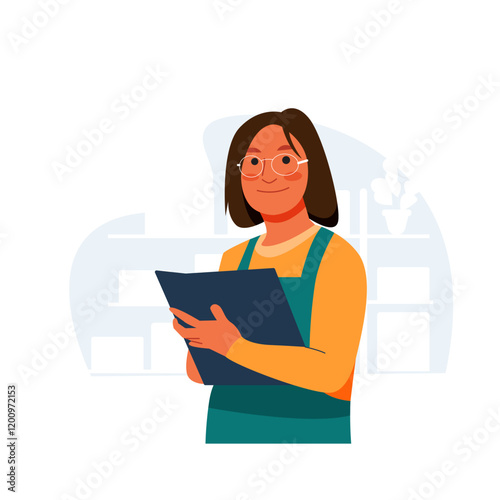 Vector of shopkeeper woman check her note