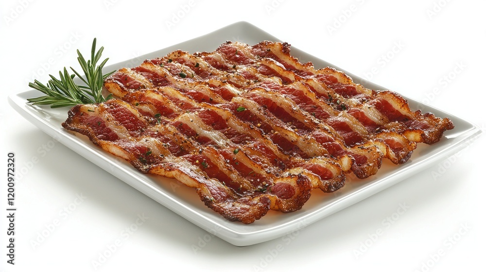 Crispy bacon strips, rosemary garnish, white plate, studio shot, food photography Crispy bacon strips, rosemary garnish, white plate, studio shot, food photography