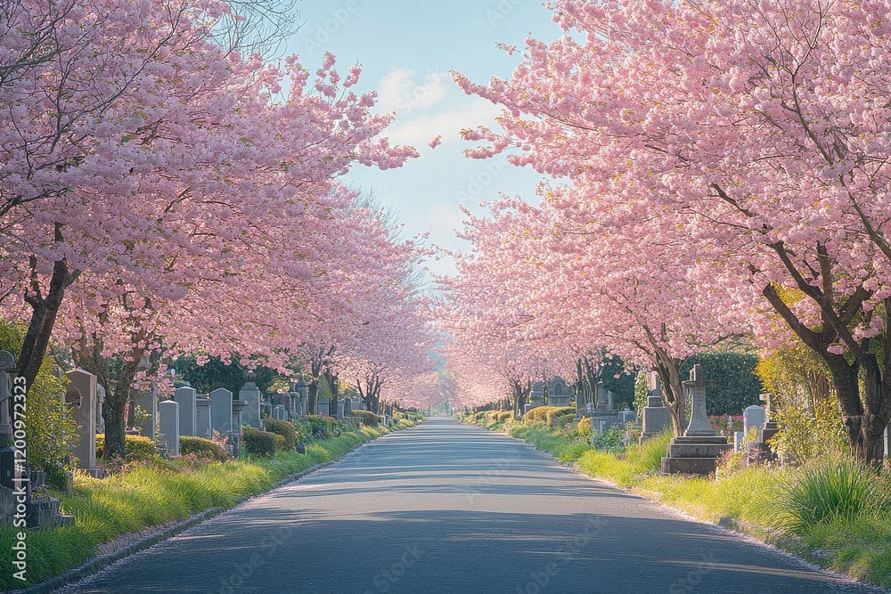 Naklejka premium Elegant street lined with blooming cherry blossom trees, leading to a cemetery with graves, clear sunny sky and green grass on both sides.