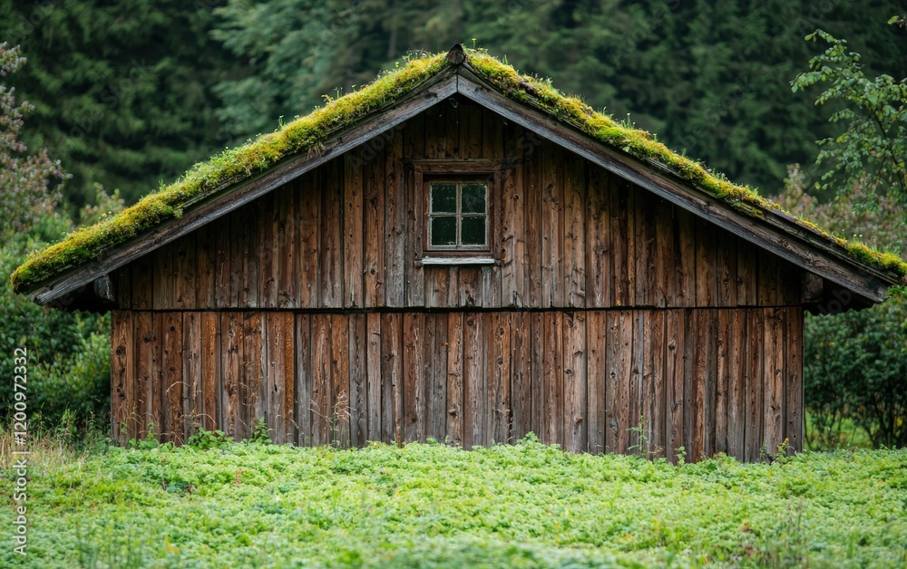 Obraz premium A close-up view of an old wooden roof with weathered planks and moss growth