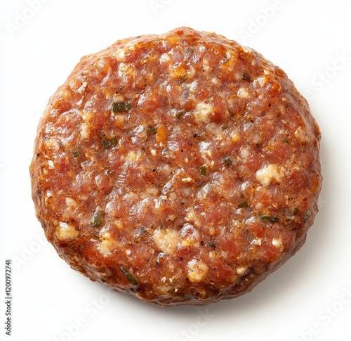 Raw seasoned hamburger patty, ready for grilling.