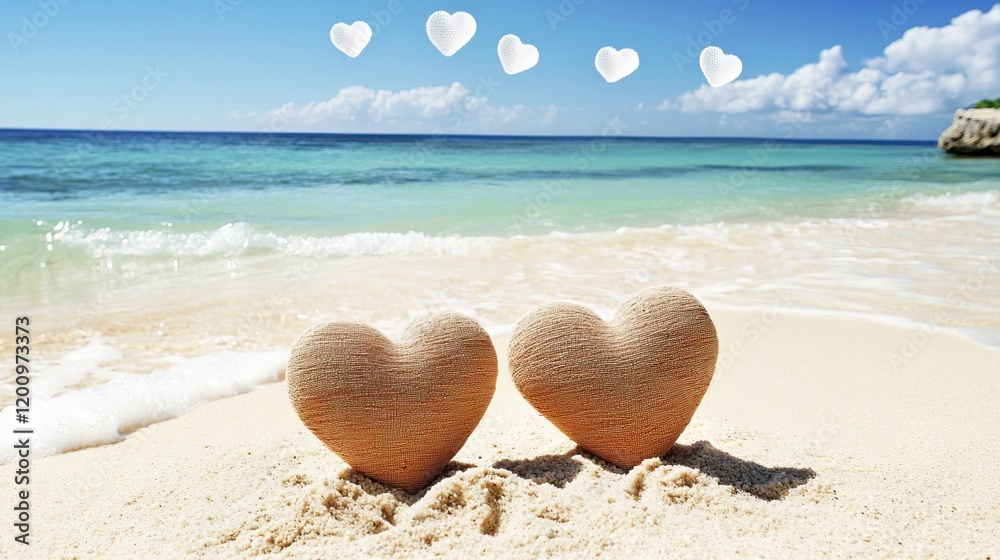 Romantic Hearts on a Beach for a Honeymoon Getaway, Two hearts on paradise beach concept. Romantic Hearts on a Beach for a Honeymoon Getaway, Two hearts on paradise beach concept.