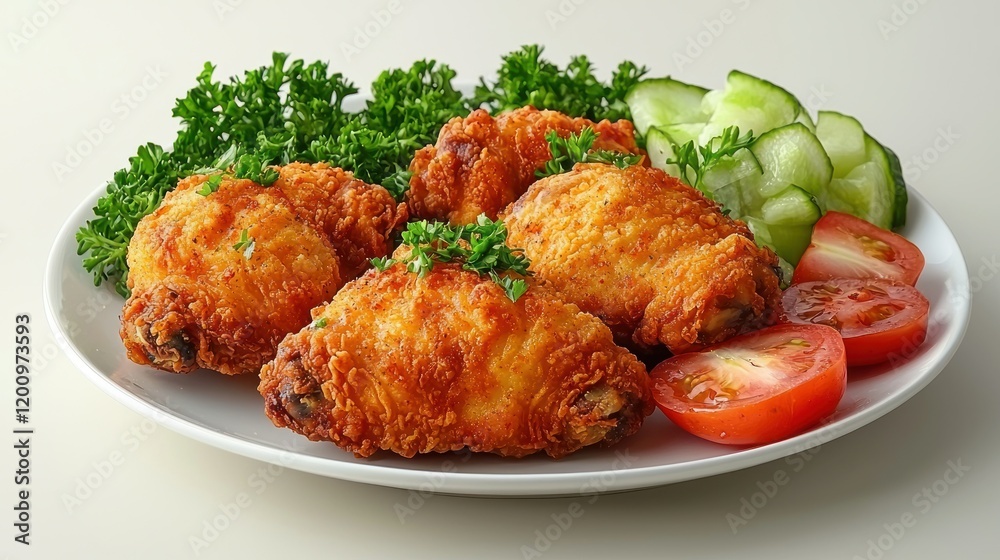 Crispy fried chicken, veggies, plate, studio