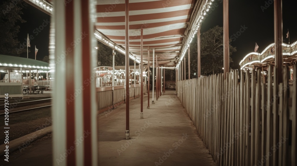 Night view of empty amusement park walkway with striped canopy and wooden fence. Night view of empty amusement park walkway with striped canopy and wooden fence.