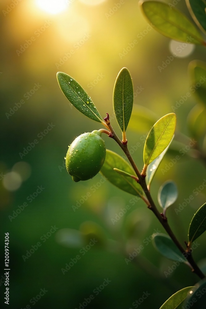 Fototapeta premium Olive leaves glisten with dew as morning sun casts a warm glow on the scene, sunlight, morning