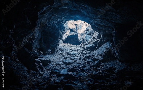 A dark and mysterious cave entrance with jagged rock formations and faint light peeking through