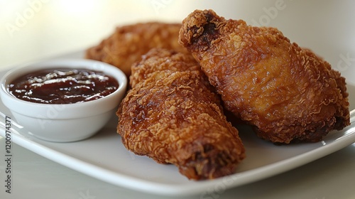 Crispy fried chicken wings, dipping sauce, restaurant, close-up photo