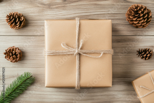 beautifully wrapped gift box with twine, surrounded by pine cones and greenery, perfect for festive occasions