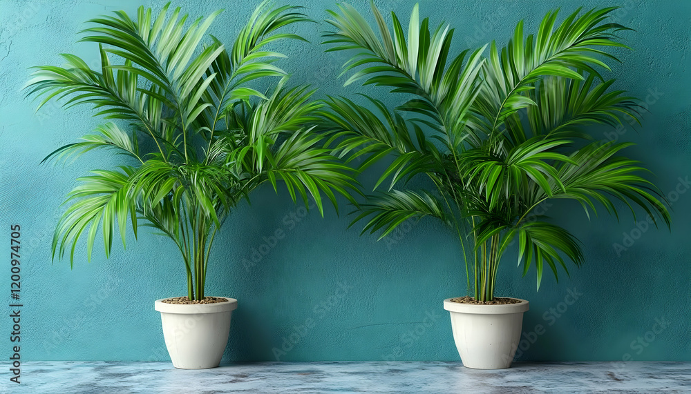 Fototapeta premium Teal wall, potted palms, interior design