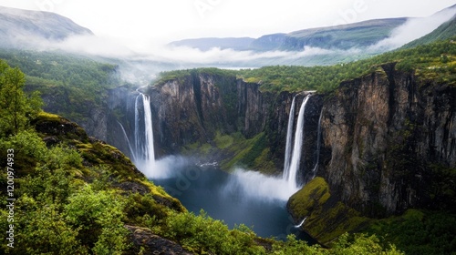 Majestic waterfalls cascading into a serene lake surrounded by greenery.