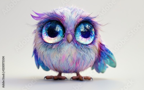 A round, owl-like animal with large, luminous eyes, tiny wings, and colorful feathers, centered on a white surface