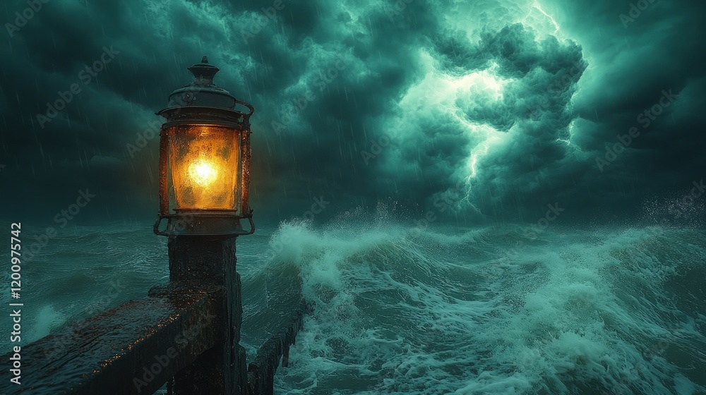 Stormy sea, lit lantern, ominous clouds. Stormy sea, lit lantern, ominous clouds.