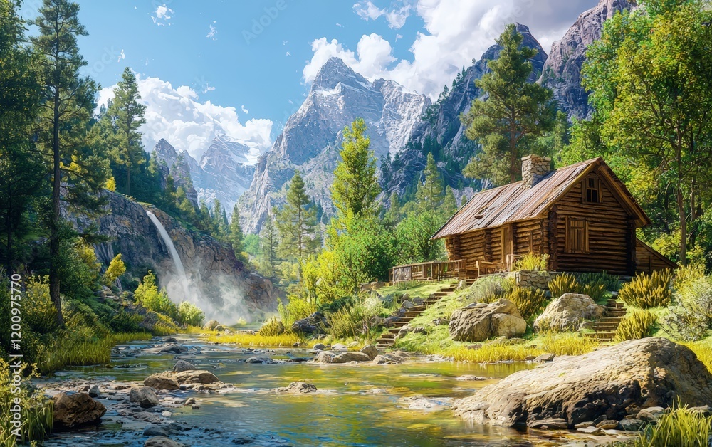 Fototapeta premium A rustic cabin by a mountain stream, with rocky cliffs in the background and lush greenery around
