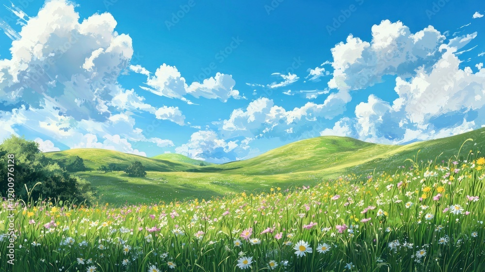 Fototapeta premium Summer Meadow Landscape: Vibrant Green Hills and Blooming Flowers Under a Sunny Sky