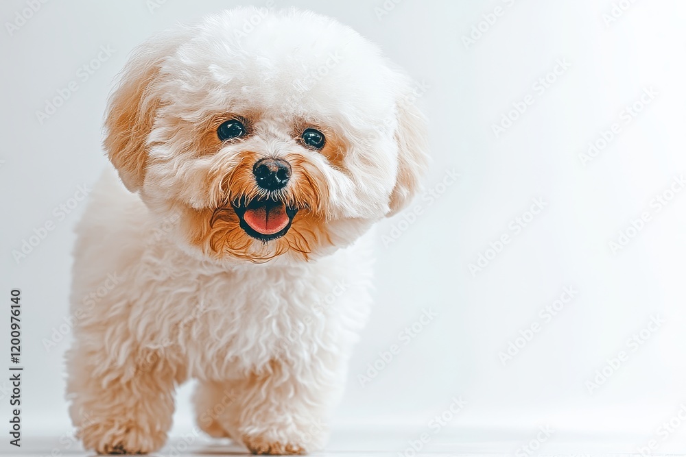 Cute Bichon Frise standing and smiling with its tongue out, looking directly at the camera against a white background in high-definition clarity. Cute Bichon Frise standing and smiling with its tongue out, looking directly at the camera against a white background in high-definition clarity.
