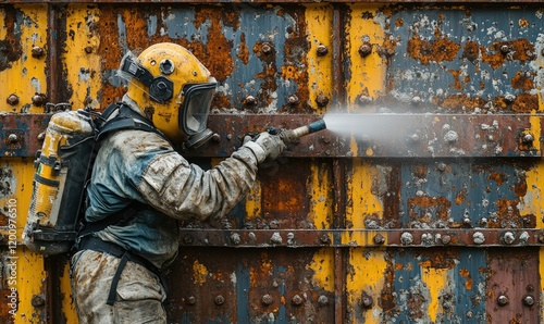 Worker sandblasting rusted metal surface, safety gear.