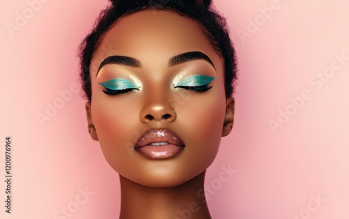 A young woman with vibrant eye makeup in shades of teal and gold, glossy lips, and smooth skin, posed against a soft pastel pink background