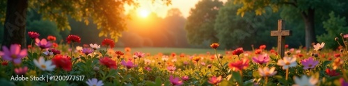Serene dawn light softly illuminates blooming flowers amidst a peaceful wooden cross in the distance, tranquil, forest, natural
