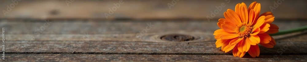Fototapeta premium Single orange marigold flower on a wooden surface, texture, simplicity