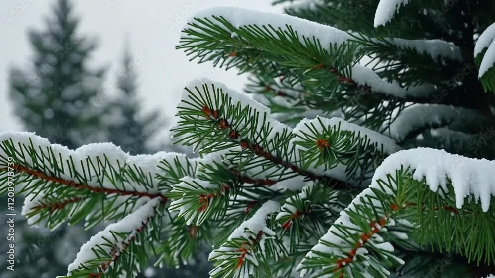 Snowy pine branch, winter forest backdrop, holiday card Snowy pine branch, winter forest backdrop, holiday card