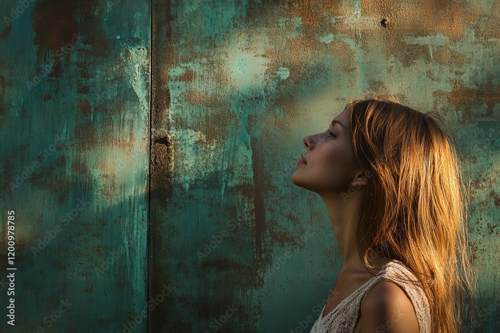 Fototapeta premium Woman, long hair, profile, textured background, sunlight.
