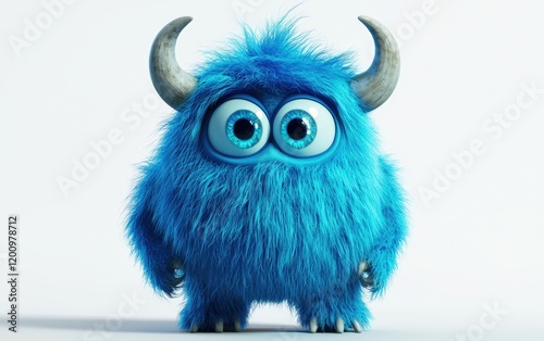 funny Fluffy bright monster with horns and big blue eyes, cartoon charachter standing on a bright white background photo