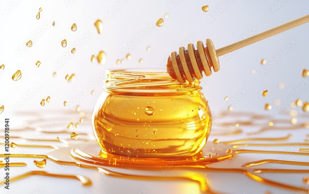 A golden honey jar with a dipper, surrounded by drizzles of honey, isolated on a crisp white background A golden honey jar with a dipper, surrounded by drizzles of honey, isolated on a crisp white background