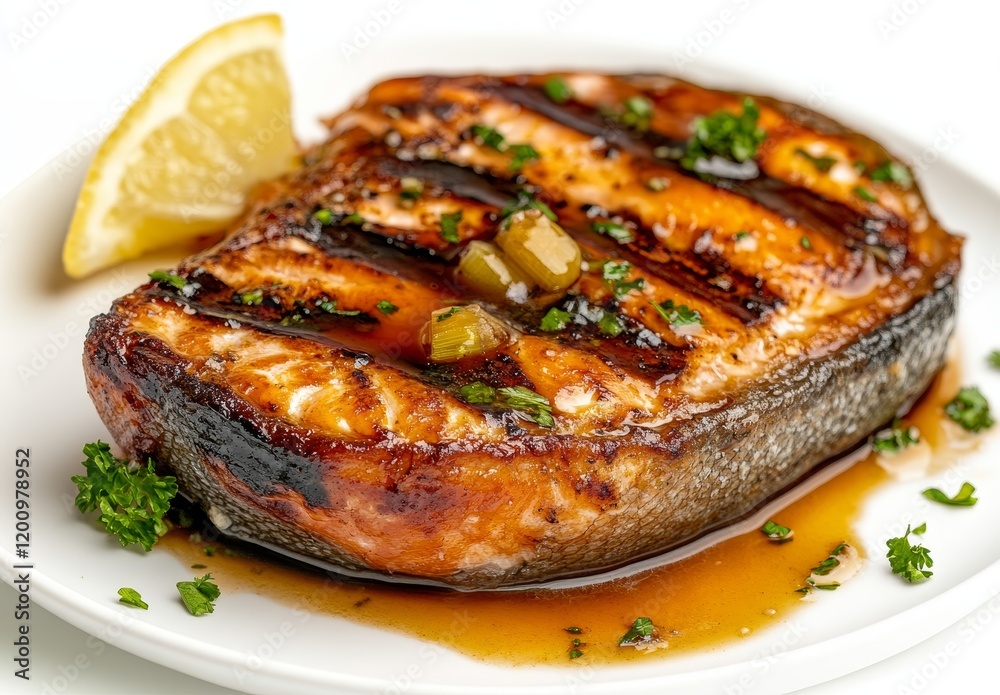 Grilled salmon steak with lemon and sauce. Grilled salmon steak with lemon and sauce.