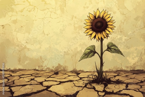 Sunflower Blooming Amidst Cracked Earth Drought photo