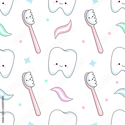 Charming seamless pattern with kawaii tooth and toothbrush, toothpaste.