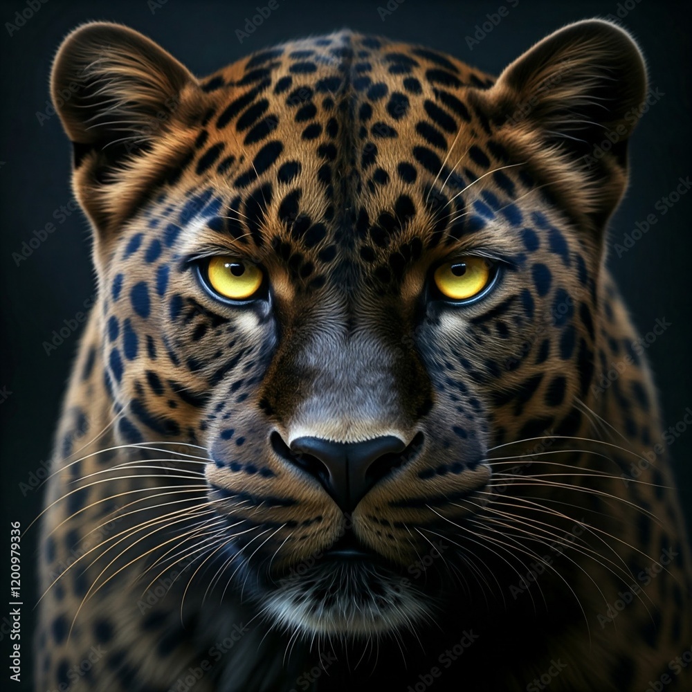 close up portrait of a wild leopard with intense yellow eyes in dark jungle setting close up portrait of a wild leopard with intense yellow eyes in dark jungle setting