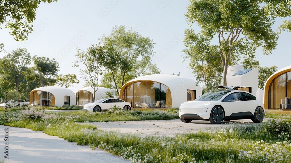 Fototapeta premium Renewable energy collaboration for sustainable communities. Modern eco-friendly homes with electric cars surrounded by greenery.