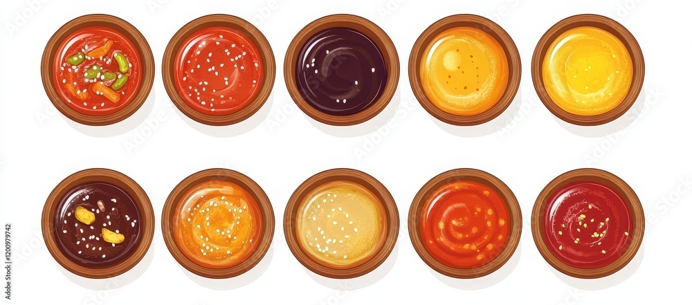 Collection of various sauces in small bowls. Collection of various sauces in small bowls.