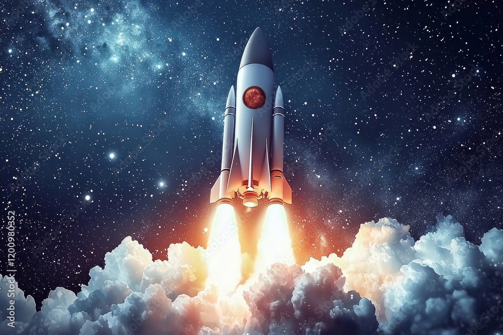 A rocket, taking off into space. Smoke is coming out from the engines, and there are white clouds around it, against a space background. A rocket, taking off into space. Smoke is coming out from the engines, and there are white clouds around it, against a space background.