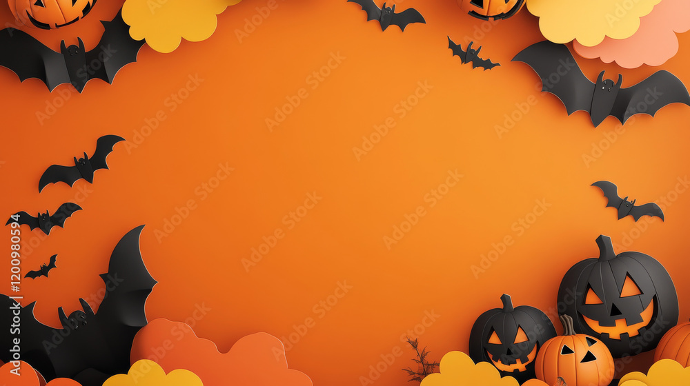 Halloween paper cut banner with pumpkins, casting bewitching spectral glow, bats, garlands and black clouds. 3d vector design of festive decor that brings a touch of spooky charm to celebration Halloween paper cut banner with pumpkins, casting bewitching spectral glow, bats, garlands and black clouds. 3d vector design of festive decor that brings a touch of spooky charm to celebration