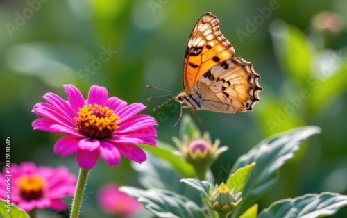 A vibrant butterfly with intricate wing patterns delicately lands in warm sunlight.
