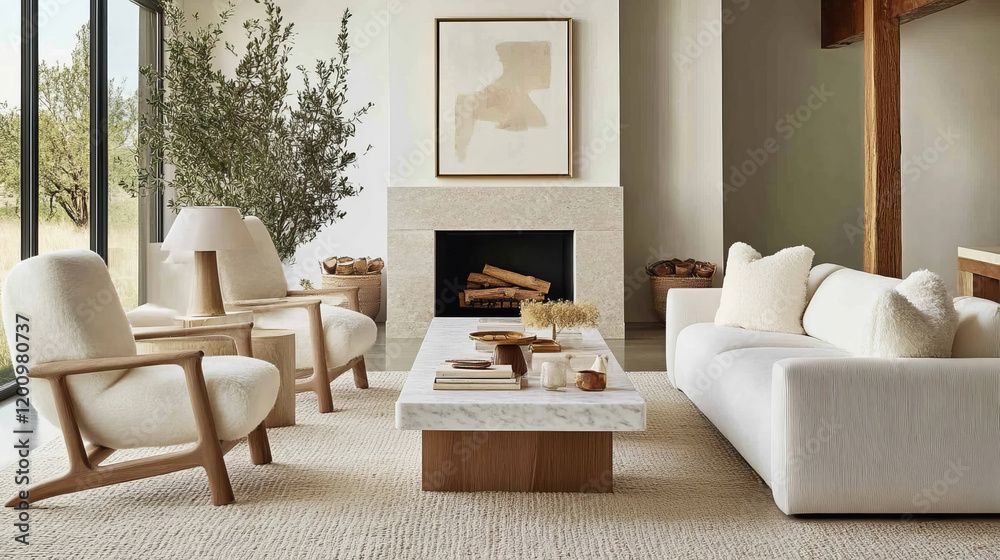 Fototapeta premium Modern living room with cozy furniture, natural light, and minimalist decor. space features white sofa, armchairs, marble coffee table, and greenery, creating serene atmosphere
