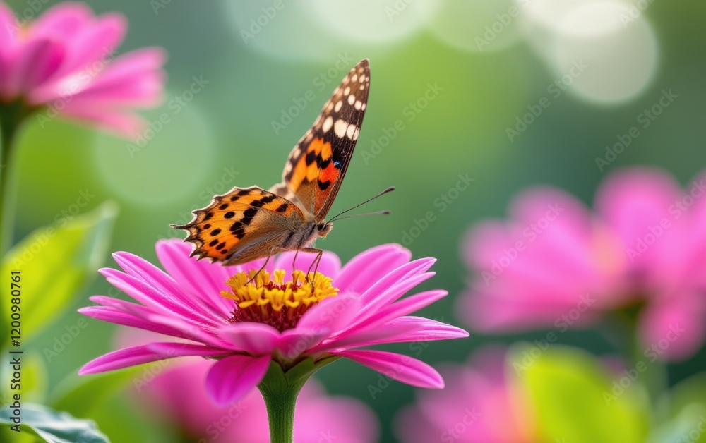 A vibrant butterfly with intricate wing patterns delicately lands in warm sunlight. A vibrant butterfly with intricate wing patterns delicately lands in warm sunlight.