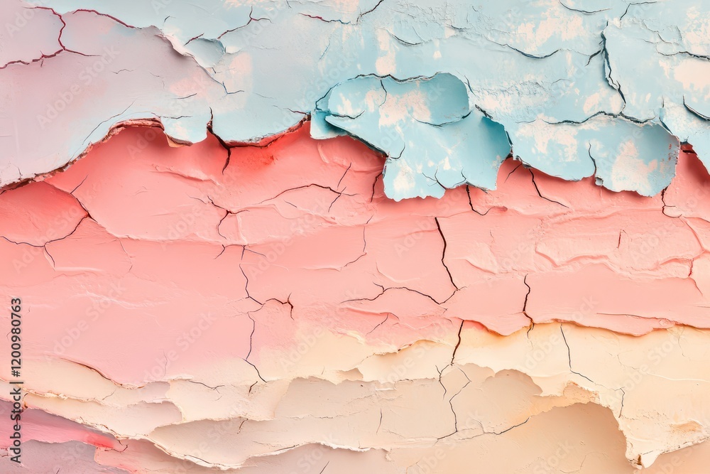 Obraz premium Layers of cracked paint peeling to reveal soft and vibrant contrasts beneath